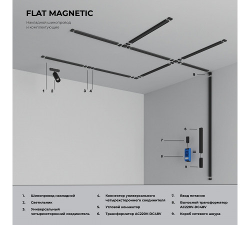 Четырёхсторонний соединитель для накладного шинопровода Flat Magnetic (чёрный) 85003/00
