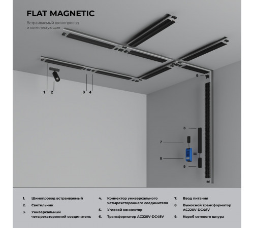 Четырёхсторонний соединитель для накладного шинопровода Flat Magnetic (чёрный) 85003/00